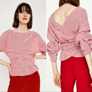 Zara Women Red and White Wrap Belt Blouse Size S